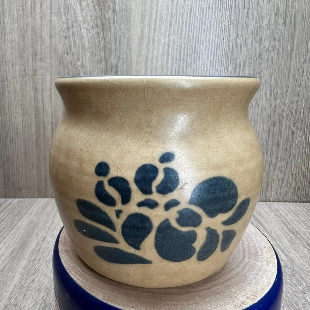 Vtg Pfaltzgraff Folk Art Sugar Bowl Creamer Set of 3 Stoneware Floral Blue Tan - Picture 11 of 16